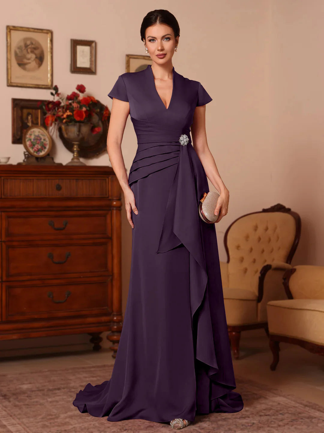 Elegant Fitted V-Neck Satin Floor-Length Ruffle Gown Mother of the Bride Dress
