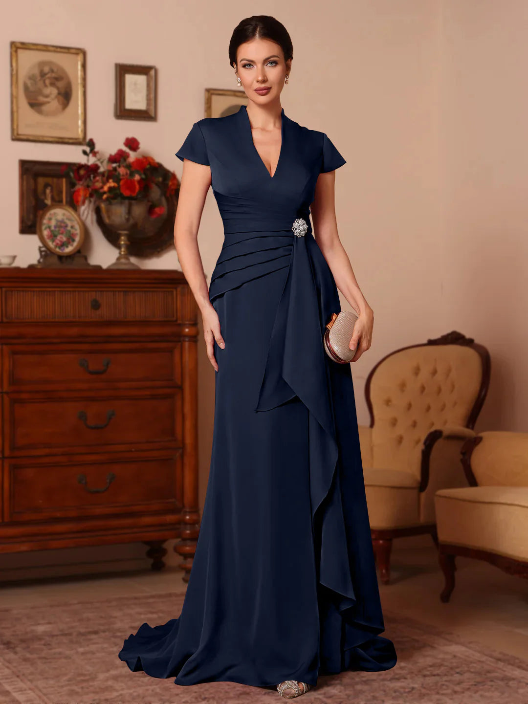 Elegant Fitted V-Neck Satin Floor-Length Ruffle Gown Mother of the Bride Dress