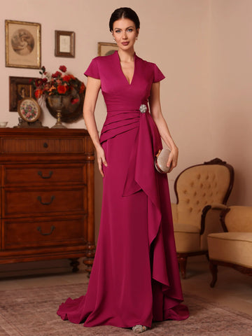 Elegant Fitted V-Neck Satin Floor-Length Ruffle Gown Mother of the Bride Dress