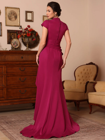 Elegant Fitted V-Neck Satin Floor-Length Ruffle Gown Mother of the Bride Dress