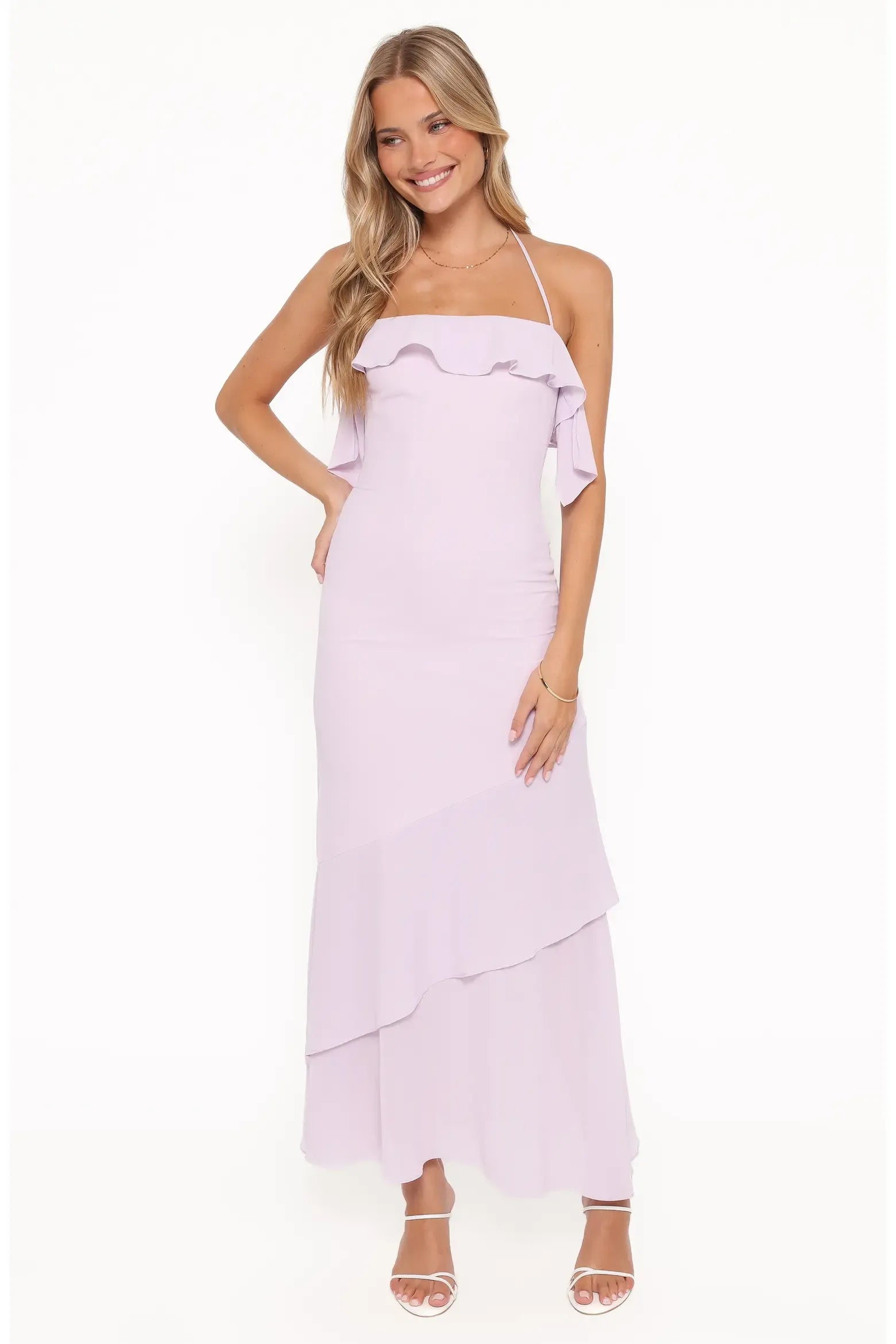 Fitted Midi Halter Neck Ruffle Trim Sleeveless Chiffon Asymmetrical Tiered Ruffle Hem Evening Dress