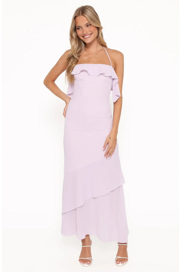 Fitted Midi Halter Neck Ruffle Trim Sleeveless Chiffon Asymmetrical Tiered Ruffle Hem Evening Dress