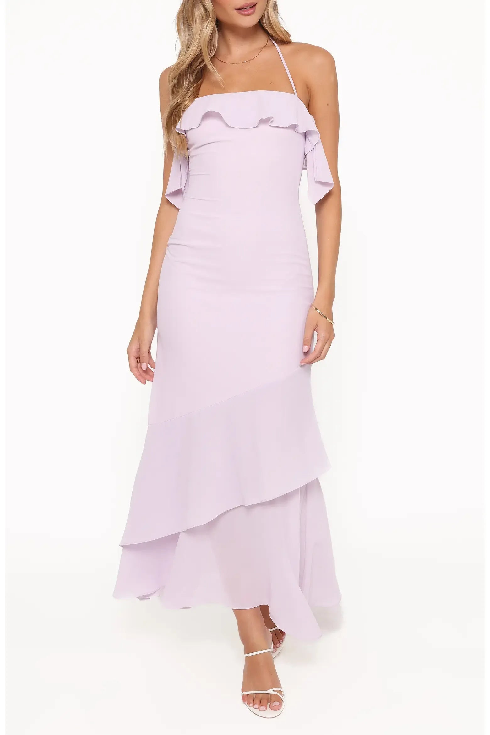 Fitted Midi Halter Neck Ruffle Trim Sleeveless Chiffon Asymmetrical Tiered Ruffle Hem Evening Dress
