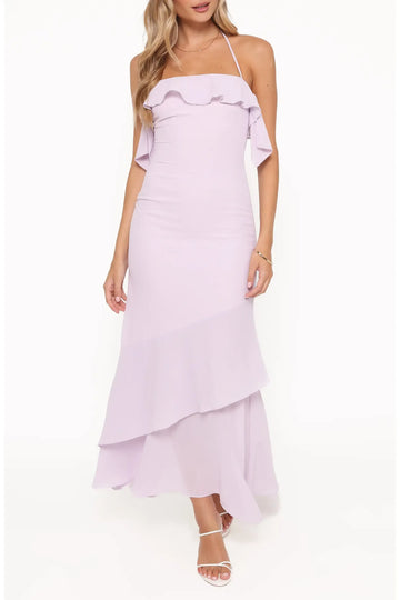 Fitted Midi Halter Neck Ruffle Trim Sleeveless Chiffon Asymmetrical Tiered Ruffle Hem Evening Dress