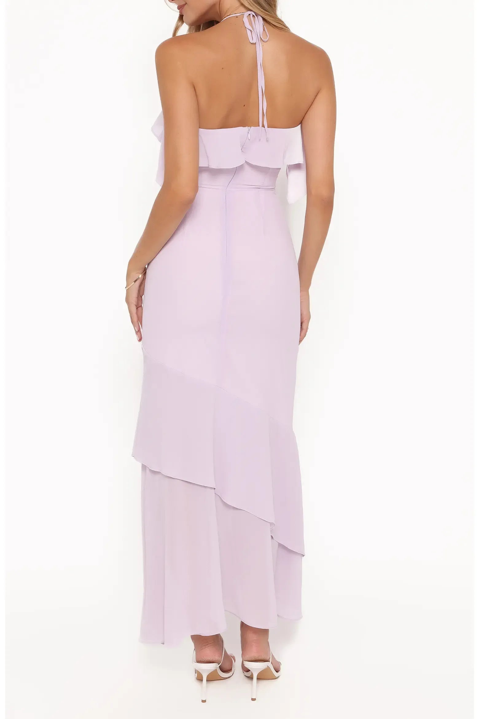 Fitted Midi Halter Neck Ruffle Trim Sleeveless Chiffon Asymmetrical Tiered Ruffle Hem Evening Dress