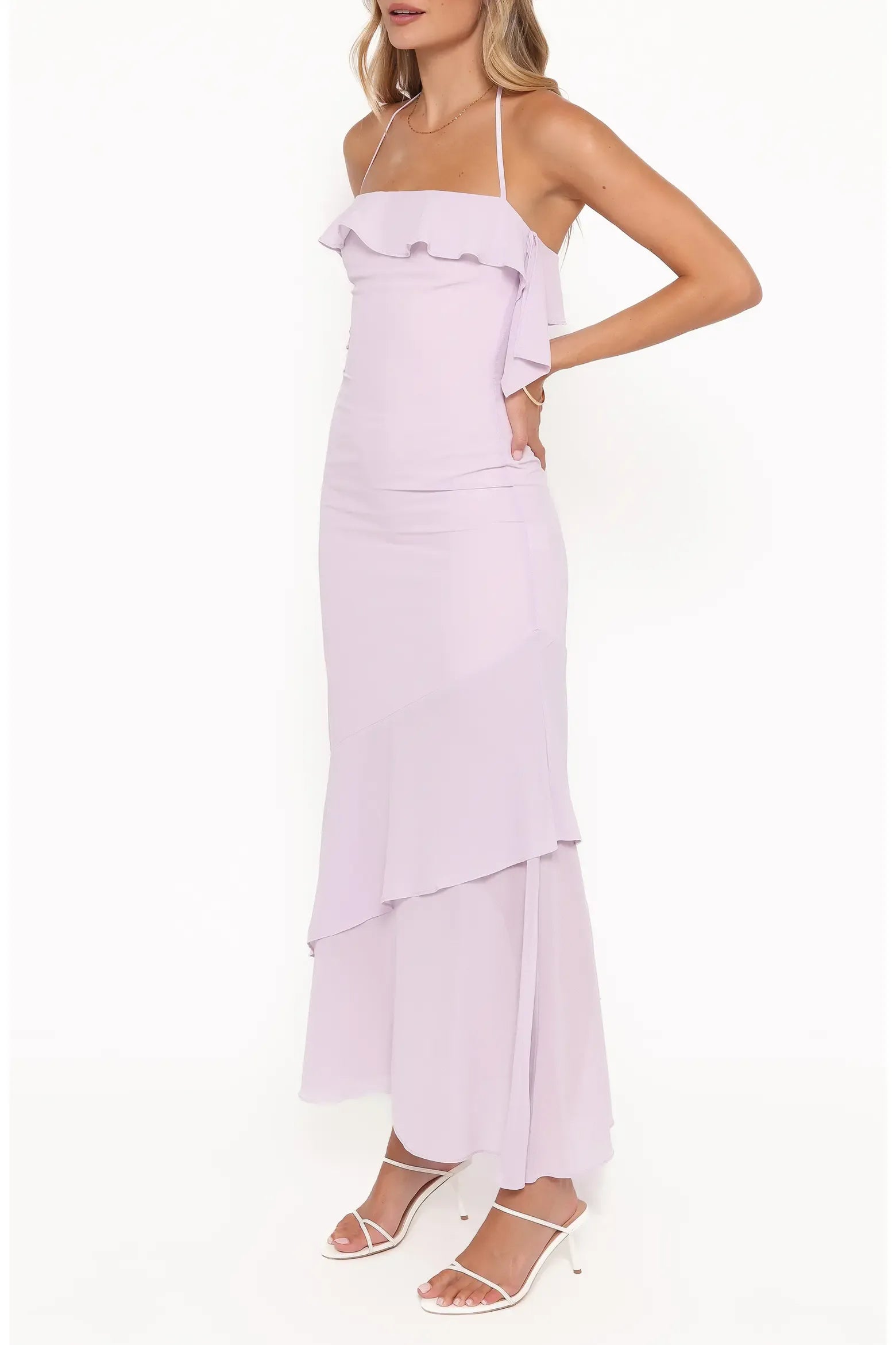 Fitted Midi Halter Neck Ruffle Trim Sleeveless Chiffon Asymmetrical Tiered Ruffle Hem Evening Dress