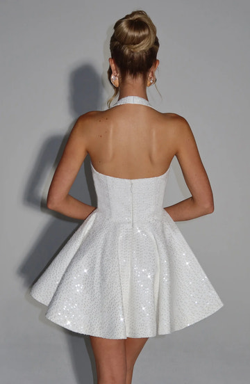 Flared Halter Sweetheart Sleeveless Sequin Mini Bow Back Skater Party Dress