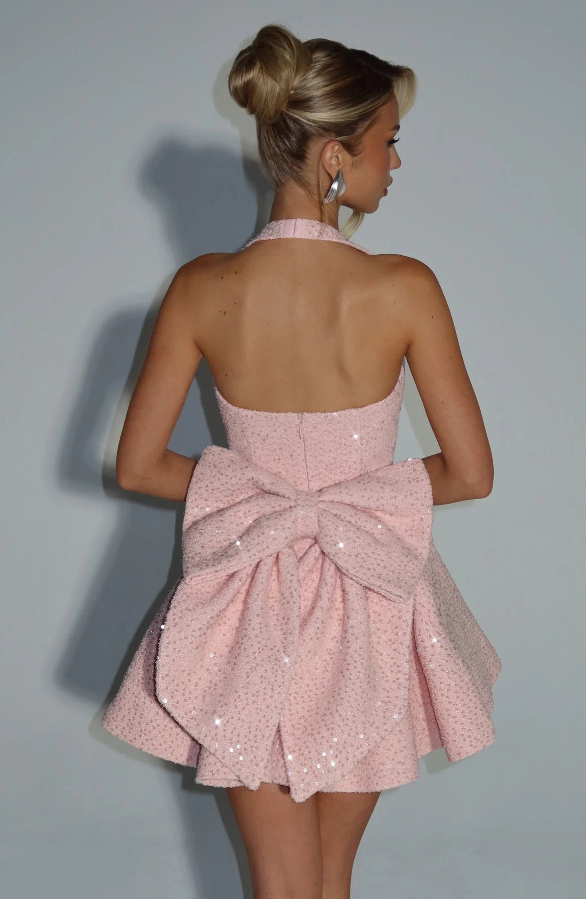 Flared Halter Sweetheart Sleeveless Sequin Mini Bow Back Skater Party Dress