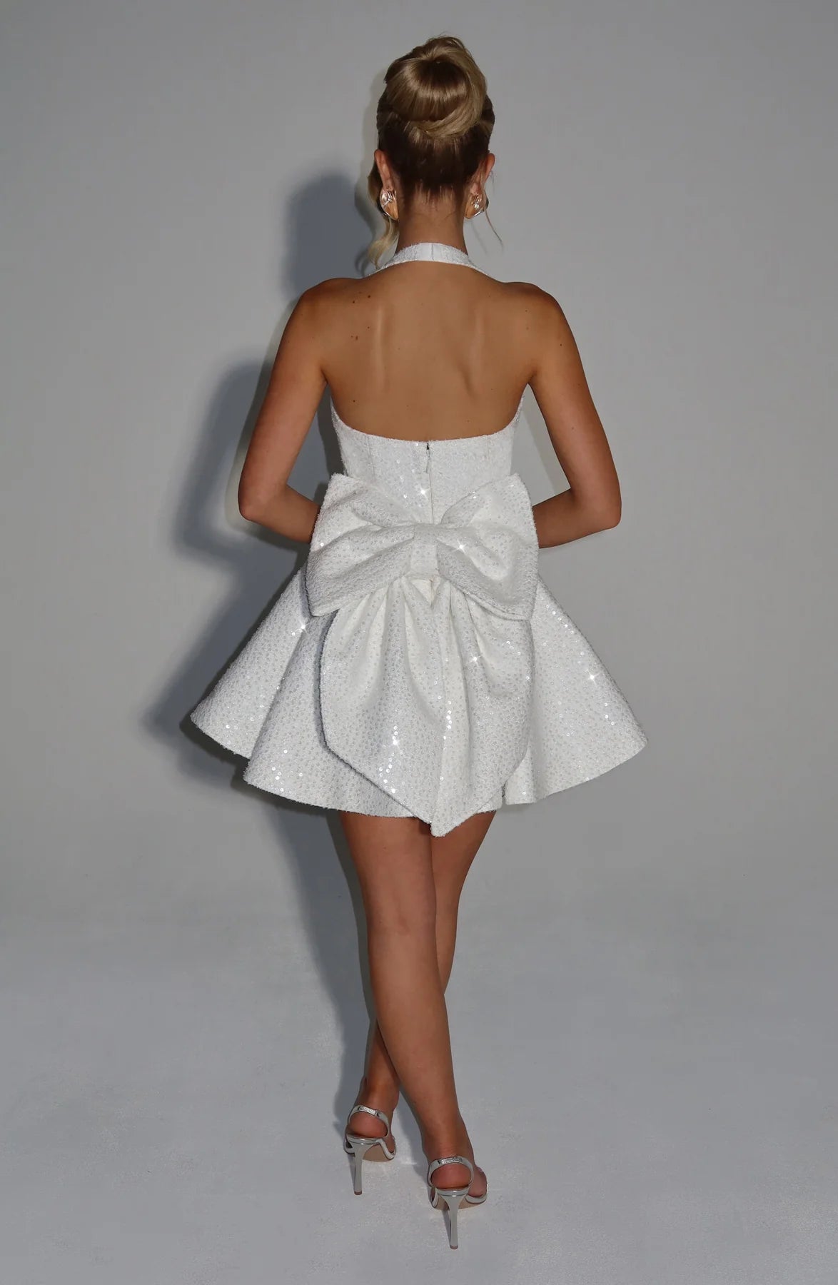Flared Halter Sweetheart Sleeveless Sequin Mini Bow Back Skater Party Dress