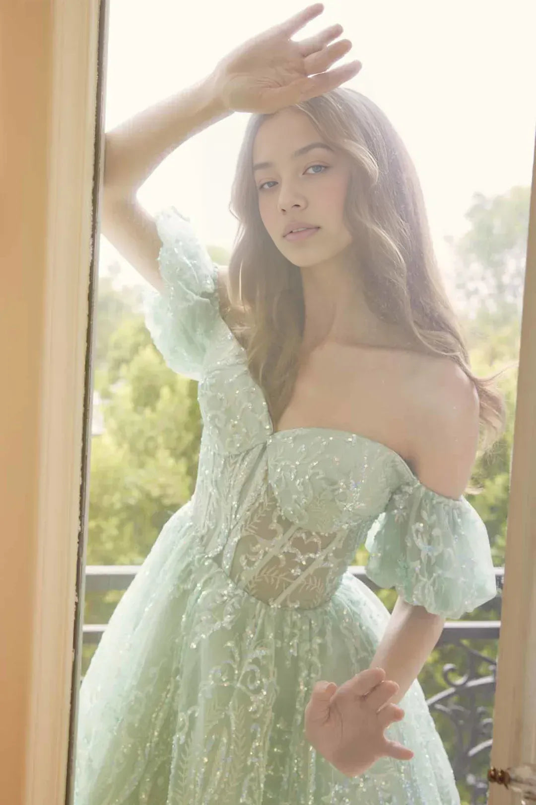 Flared Off Shoulder Puff Short Sleeve Sequin Tulle Corset Short Homecoming Dress