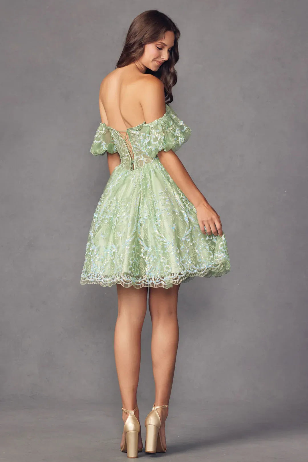 Flared Off Shoulder Puff Short Sleeve Sequin Tulle Corset Short Homecoming Dress