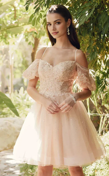 Flared Off Shoulder Sweetheart Neck Puff Sleeve Tulle Short Homecoming Dress