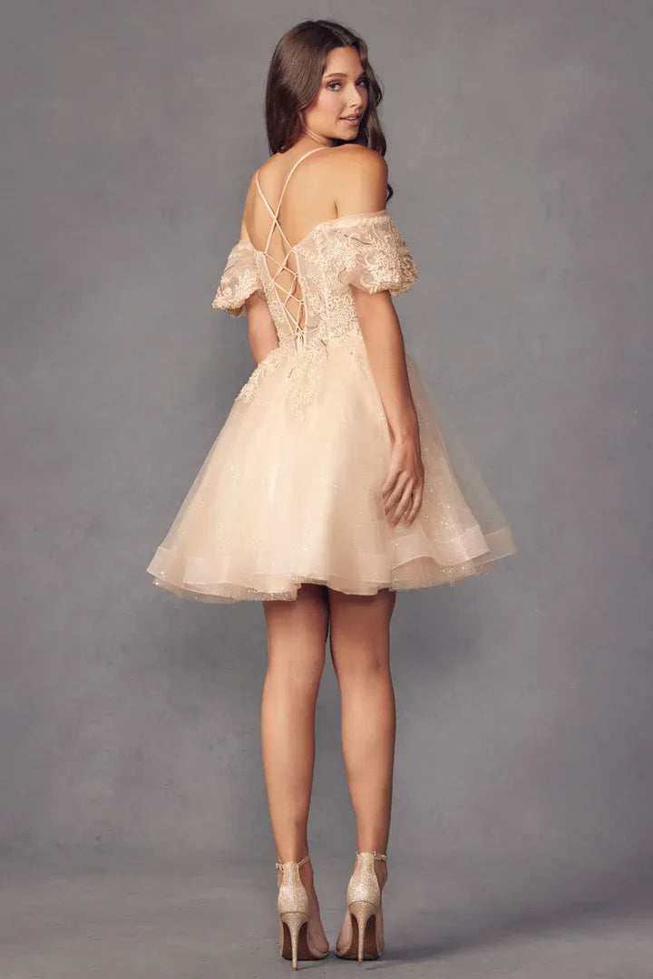 Flared Off Shoulder Sweetheart Neck Puff Sleeve Tulle Short Homecoming Dress