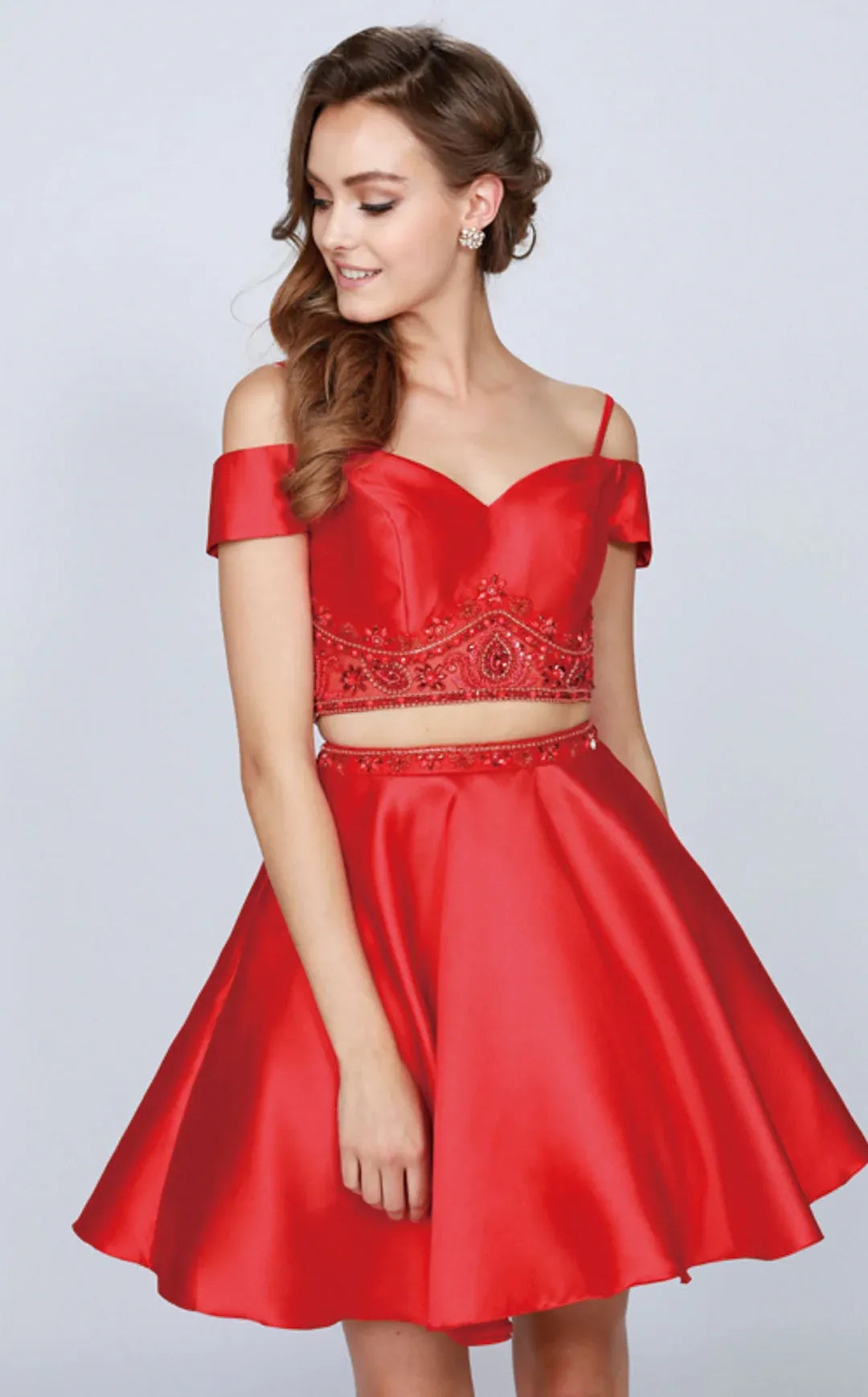 Flared Off Shoulder Sweetheart Satin Two Piece Short Homecoming Dress
