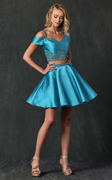 Flared Off Shoulder Sweetheart Satin Two Piece Short Homecoming Dress