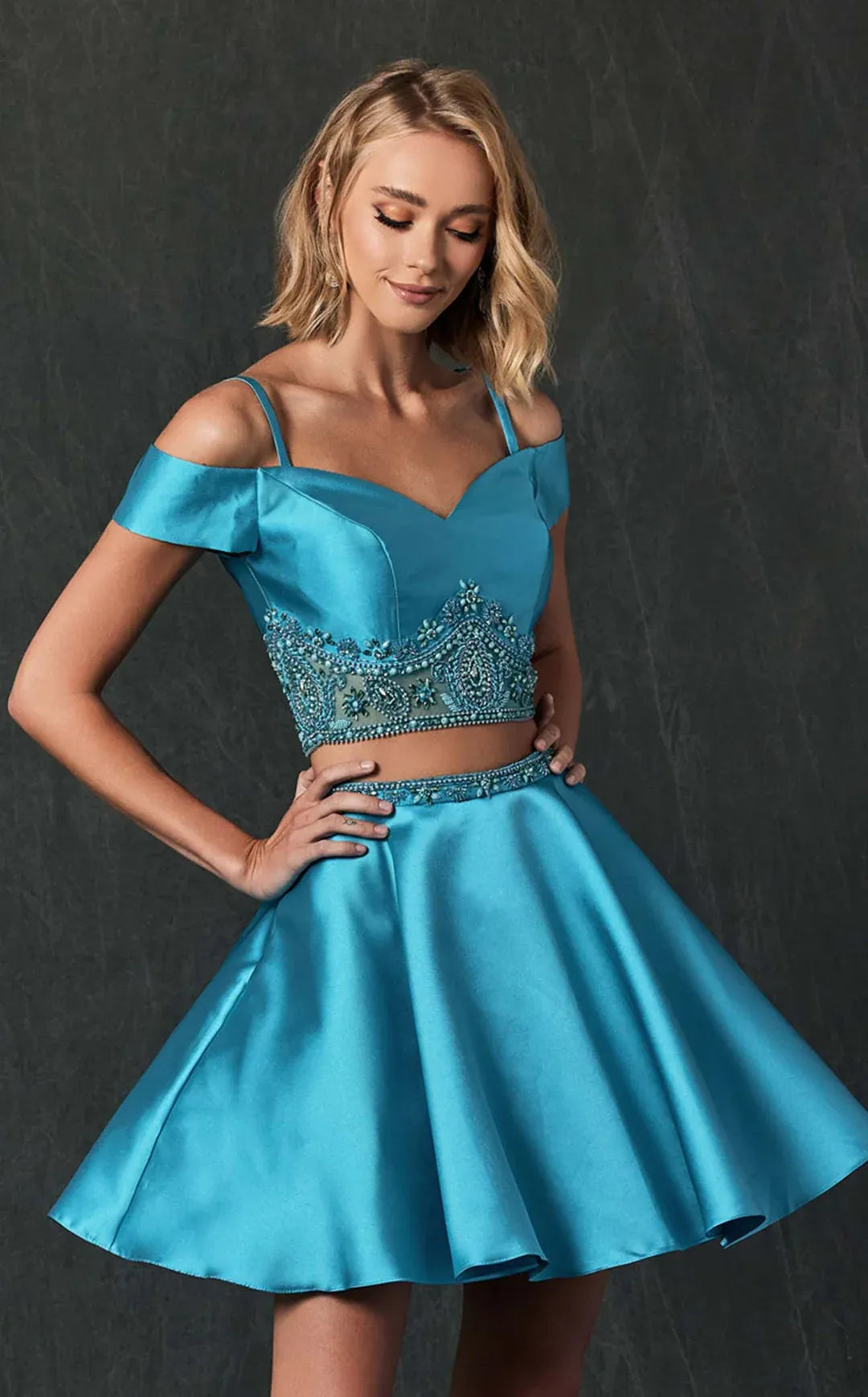Flared Off Shoulder Sweetheart Satin Two Piece Short Homecoming Dress