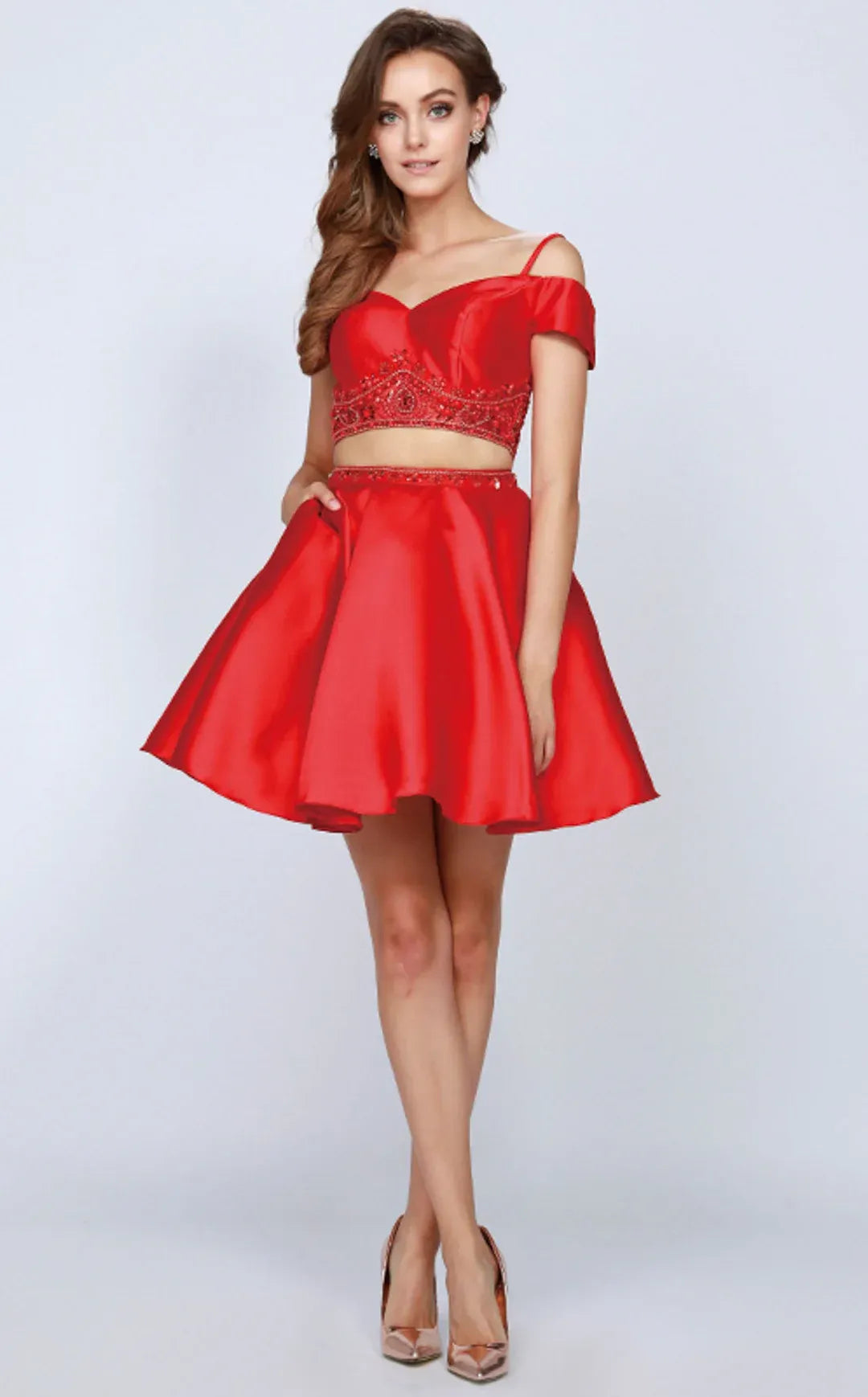 Flared Off Shoulder Sweetheart Satin Two Piece Short Homecoming Dress