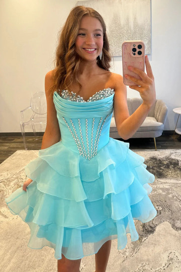 Flared Strapless Sweetheart Corset Tiered Mini Homecoming Dress