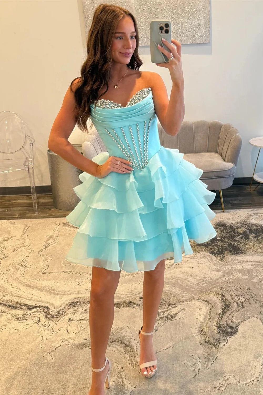 Flared Strapless Sweetheart Corset Tiered Mini Homecoming Dress