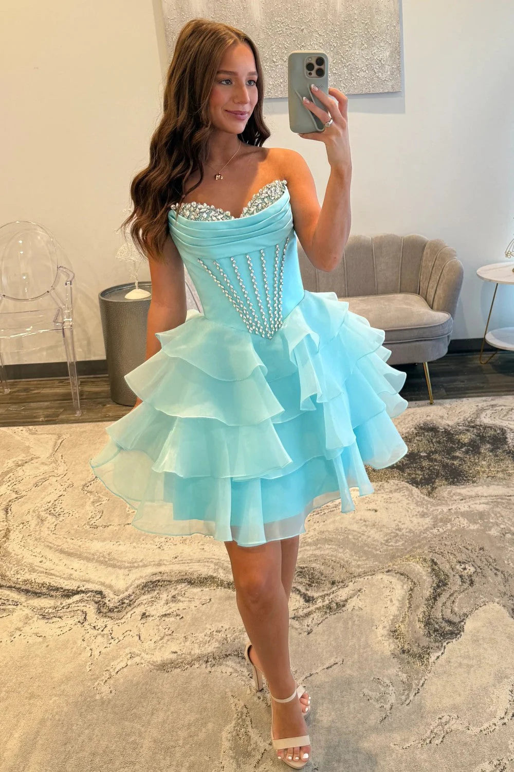 Flared Strapless Sweetheart Corset Tiered Mini Homecoming Dress