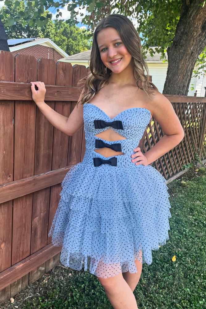 Flared Strapless Sweetheart Polka Dot Tiered Homecoming Dress