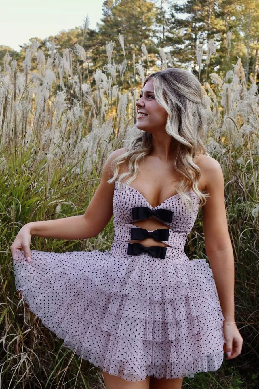 Flared Strapless Sweetheart Polka Dot Tiered Homecoming Dress