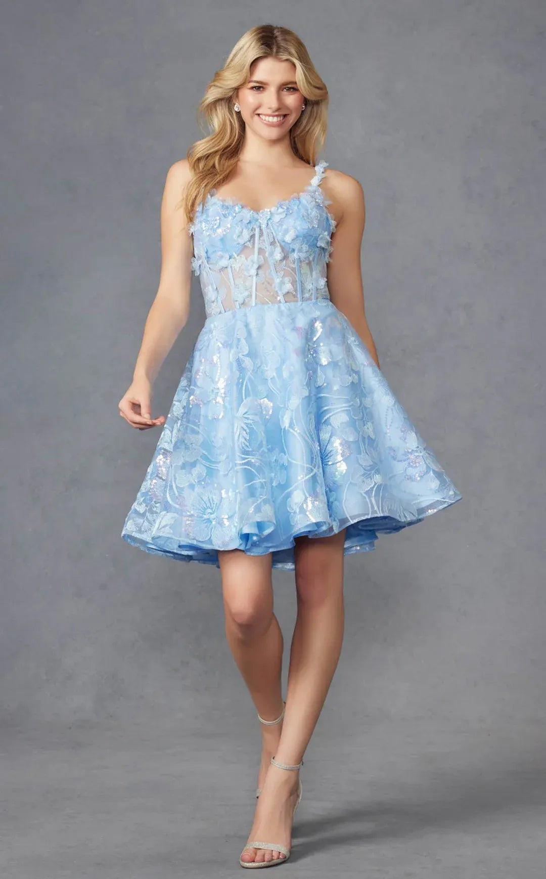 Flared Sweetheart Neck Sleeveless 3D Floral Tulle Corset Short Homecoming Dress
