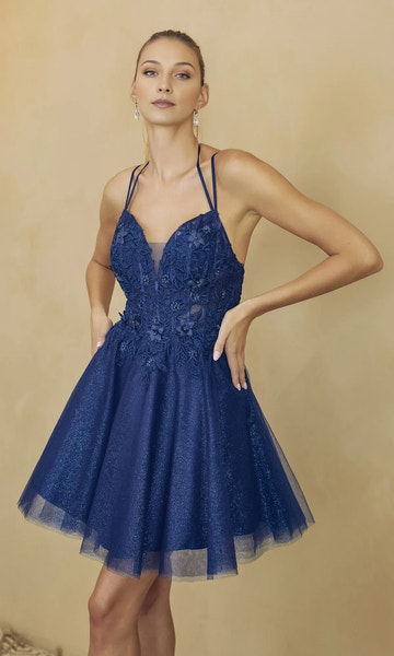 Flared V Neck Sleeveless 3D Floral Glitter Tulle Short Homecoming Dress