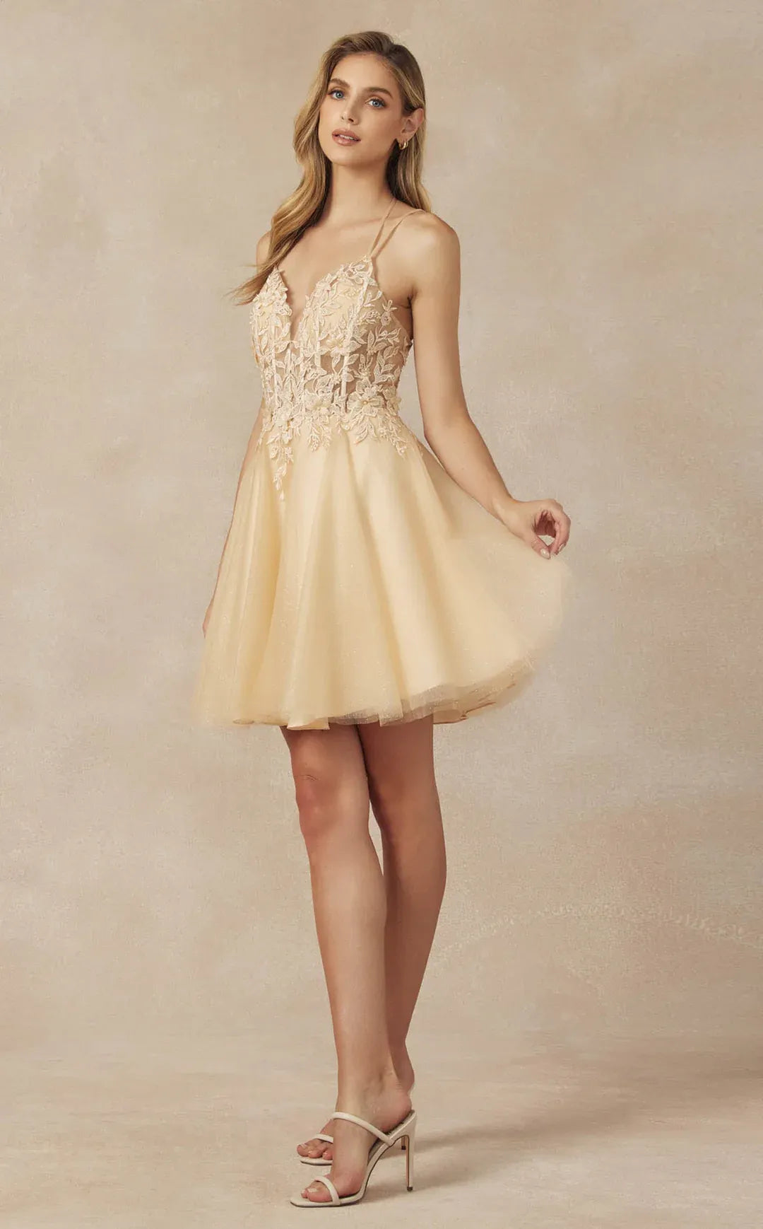 Flared V Neck Sleeveless 3D Floral Glitter Tulle Short Homecoming Dress