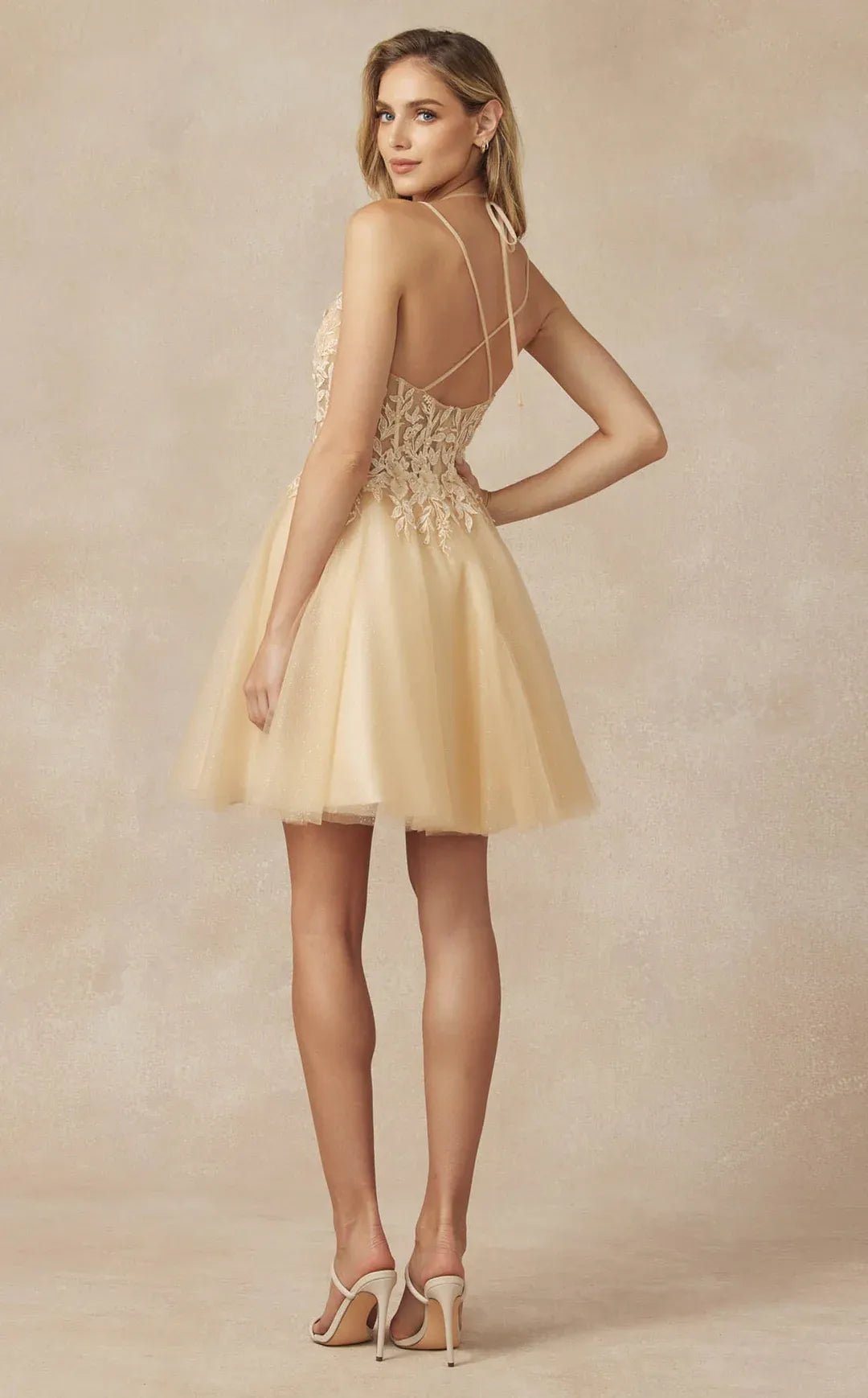 Flared V Neck Sleeveless 3D Floral Glitter Tulle Short Homecoming Dress
