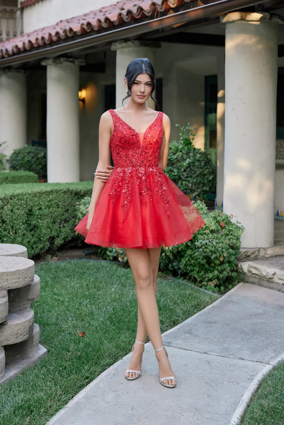 Flared V Neck Sleeveless Sequin Lace Tulle Short Homecoming Dress