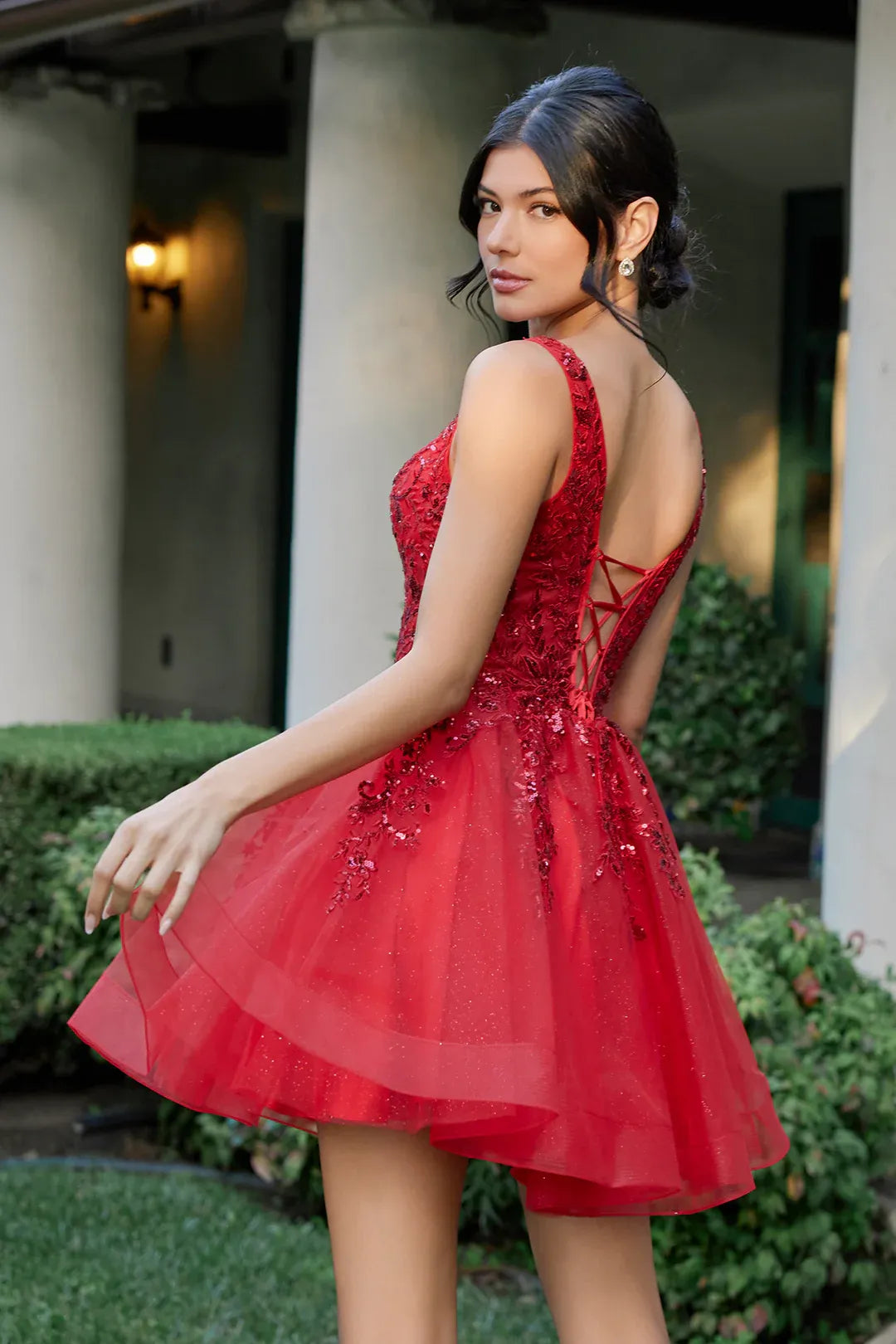 Flared V Neck Sleeveless Sequin Lace Tulle Short Homecoming Dress