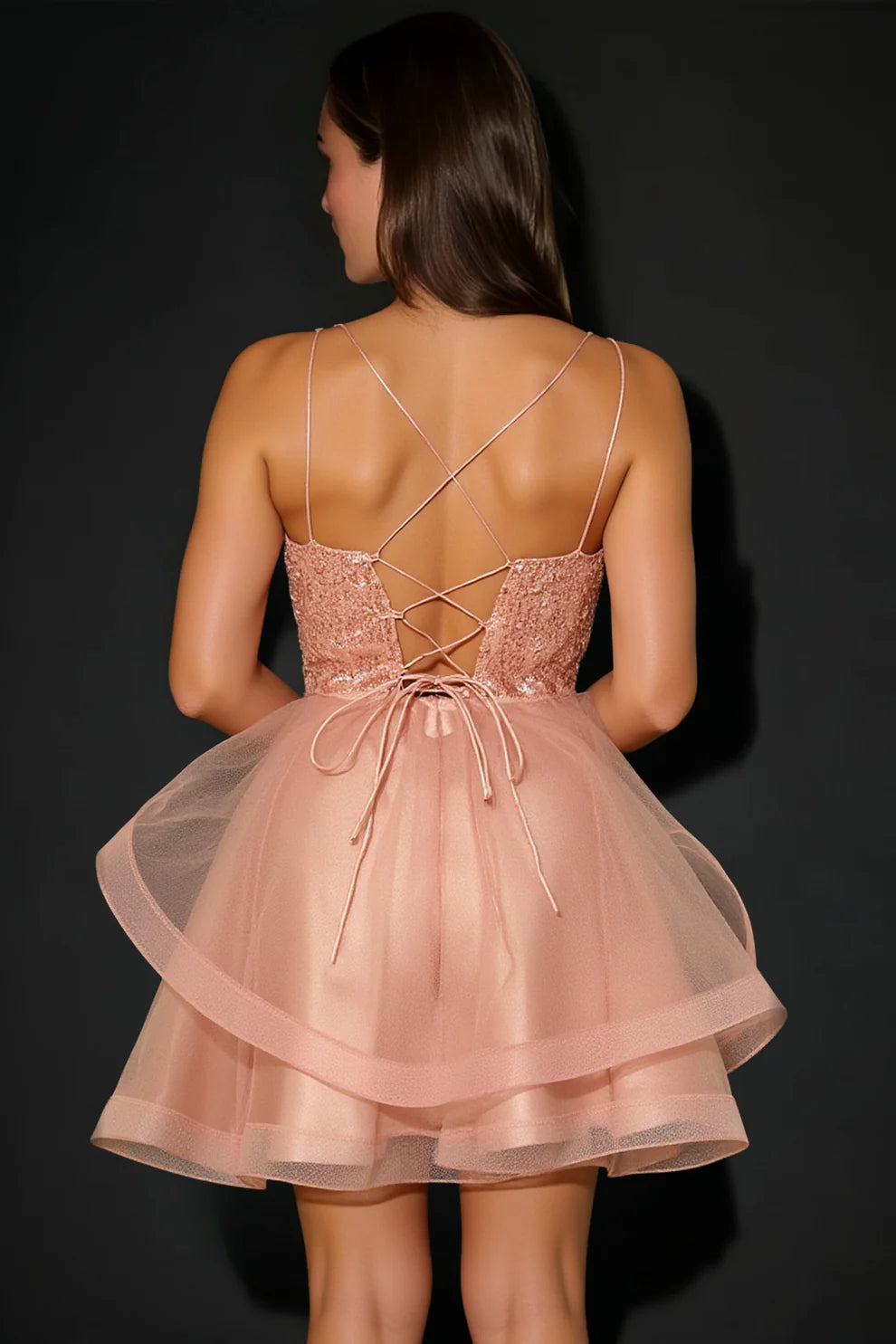 Flirty A-Line Spaghetti Strap Sequin Tulle Short Homecoming Dress