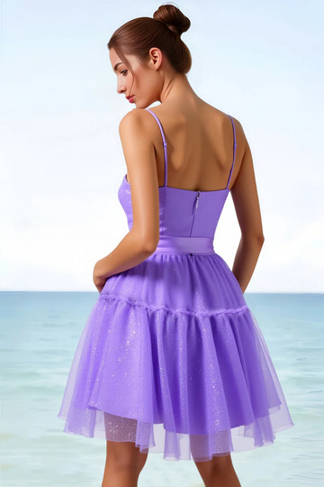 Flirty Glitter A-Line Spaghetti Strap Tulle Homecoming Dress with Bow