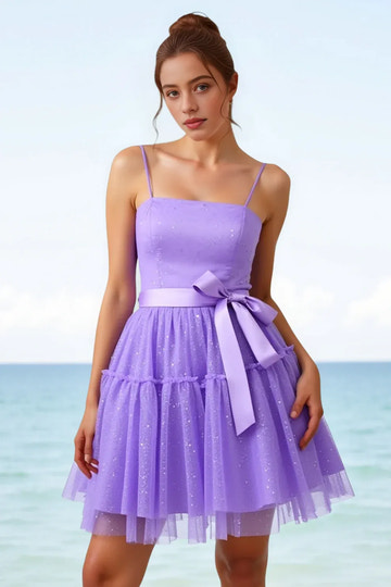 Flirty Glitter A-Line Spaghetti Strap Tulle Homecoming Dress with Bow