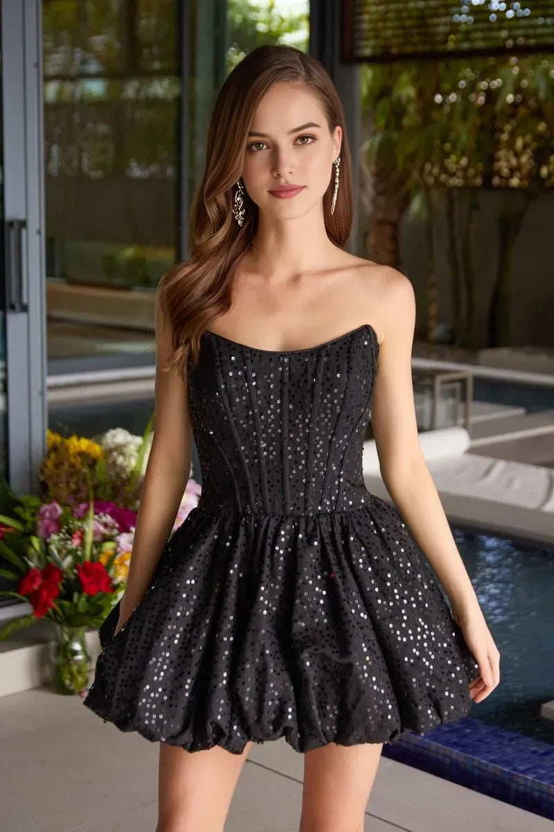 Flirty A-Line Bubble Strapless Sleeveless Sequin Taffeta Mini Sequin Corset Homecoming Dress