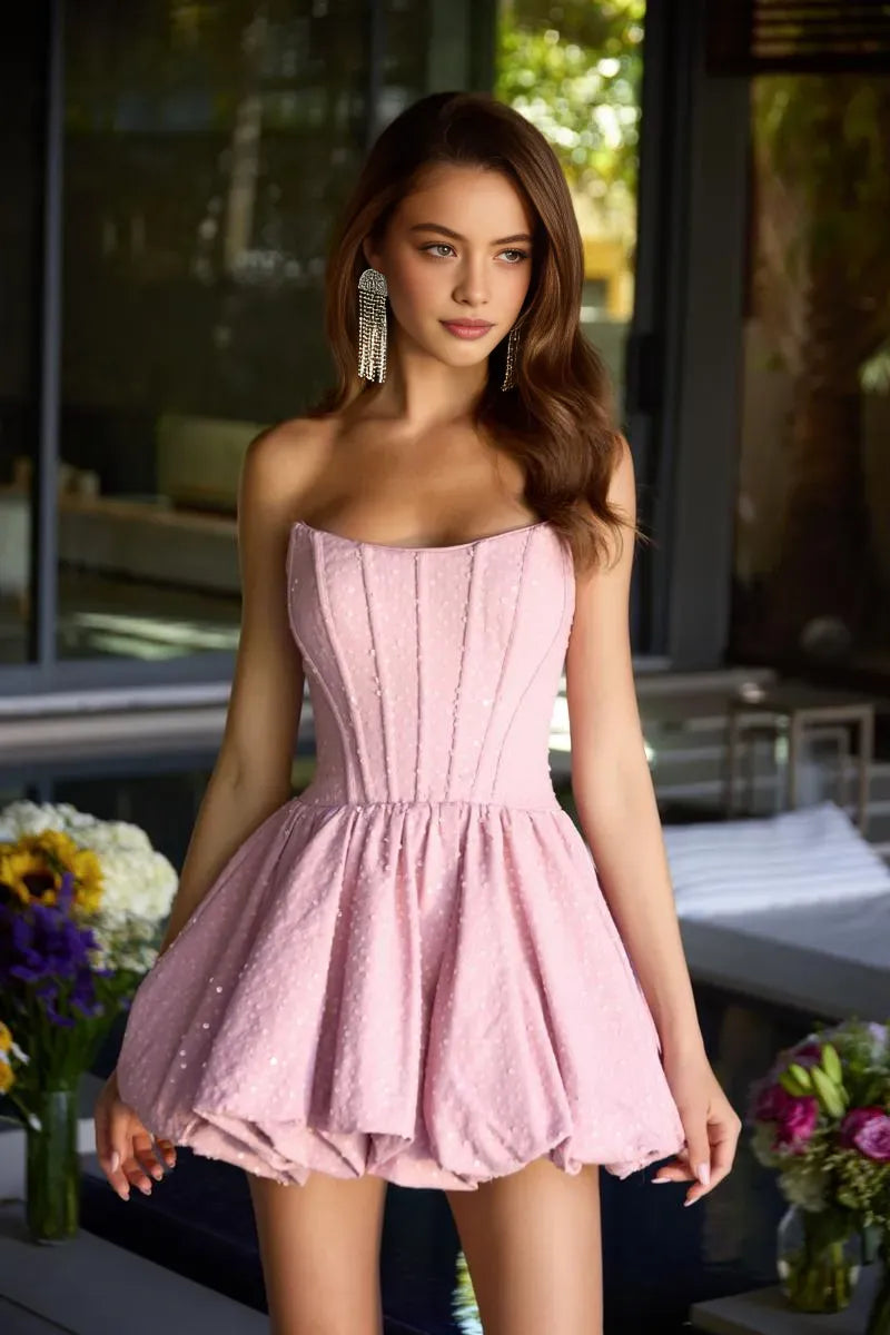 Flirty A-Line Bubble Strapless Sleeveless Sequin Taffeta Mini Sequin Corset Homecoming Dress