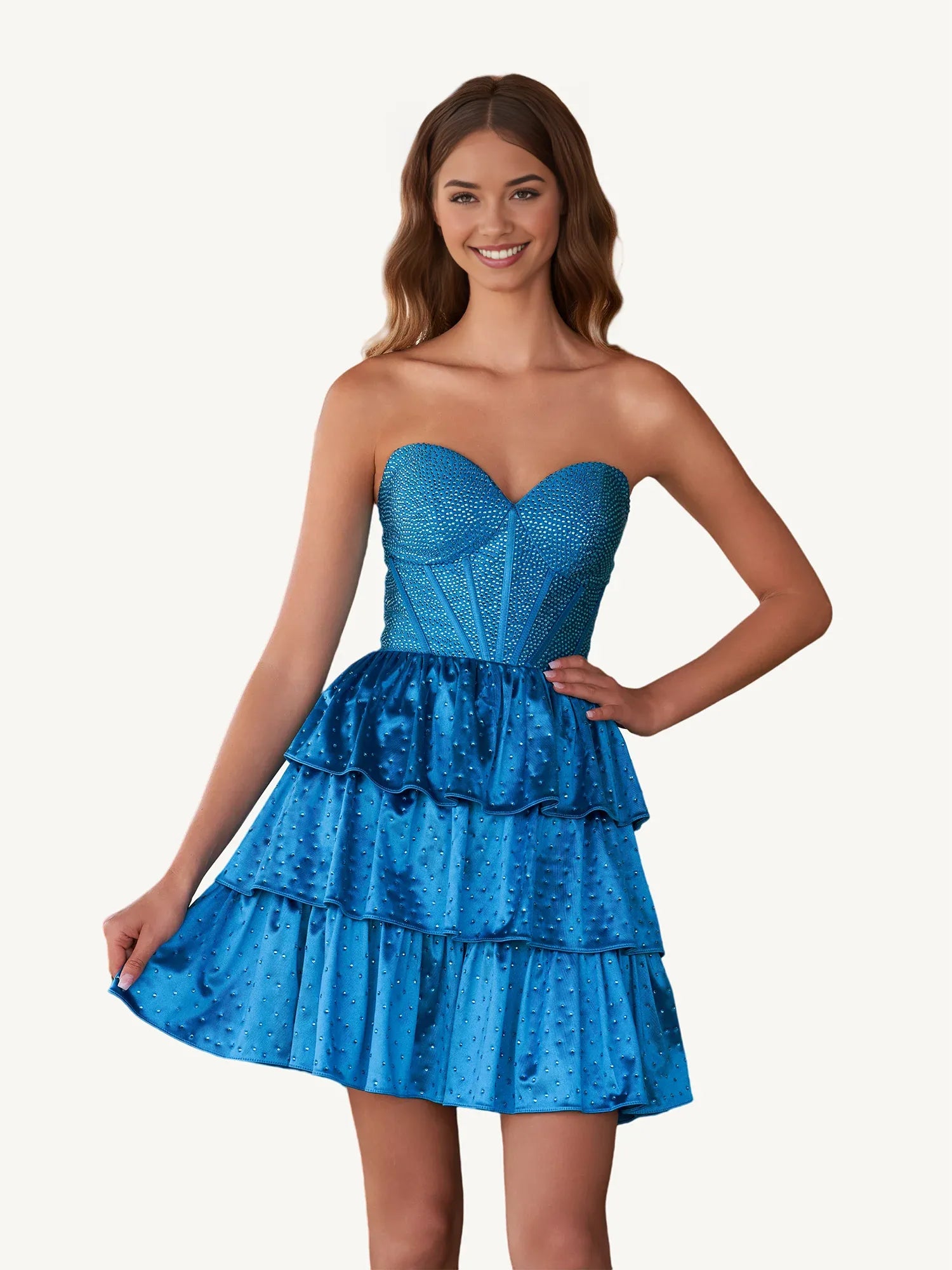 Vestido de fiesta corto de satén sin tirantes con corte en A, abalorios y espalda con cordones