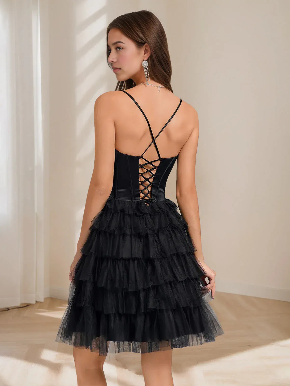 Flirty Tiered Sweetheart Spaghetti Strap Satin Tulle Homecoming Dress Corset Mini Dress