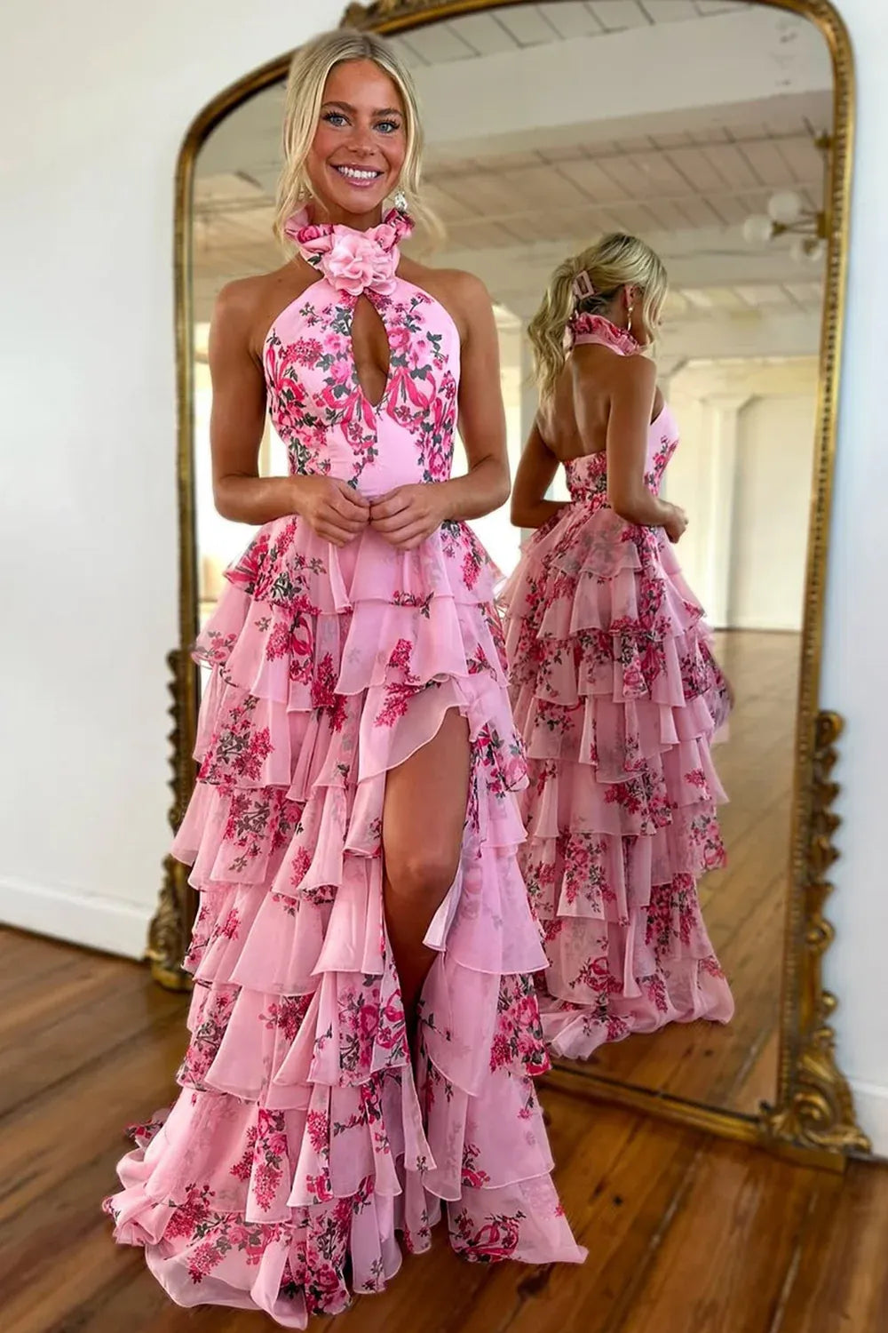 Floral A-Line Halter Sleeveless Chiffon Floor-Length Tiered Keyhole Prom Dress