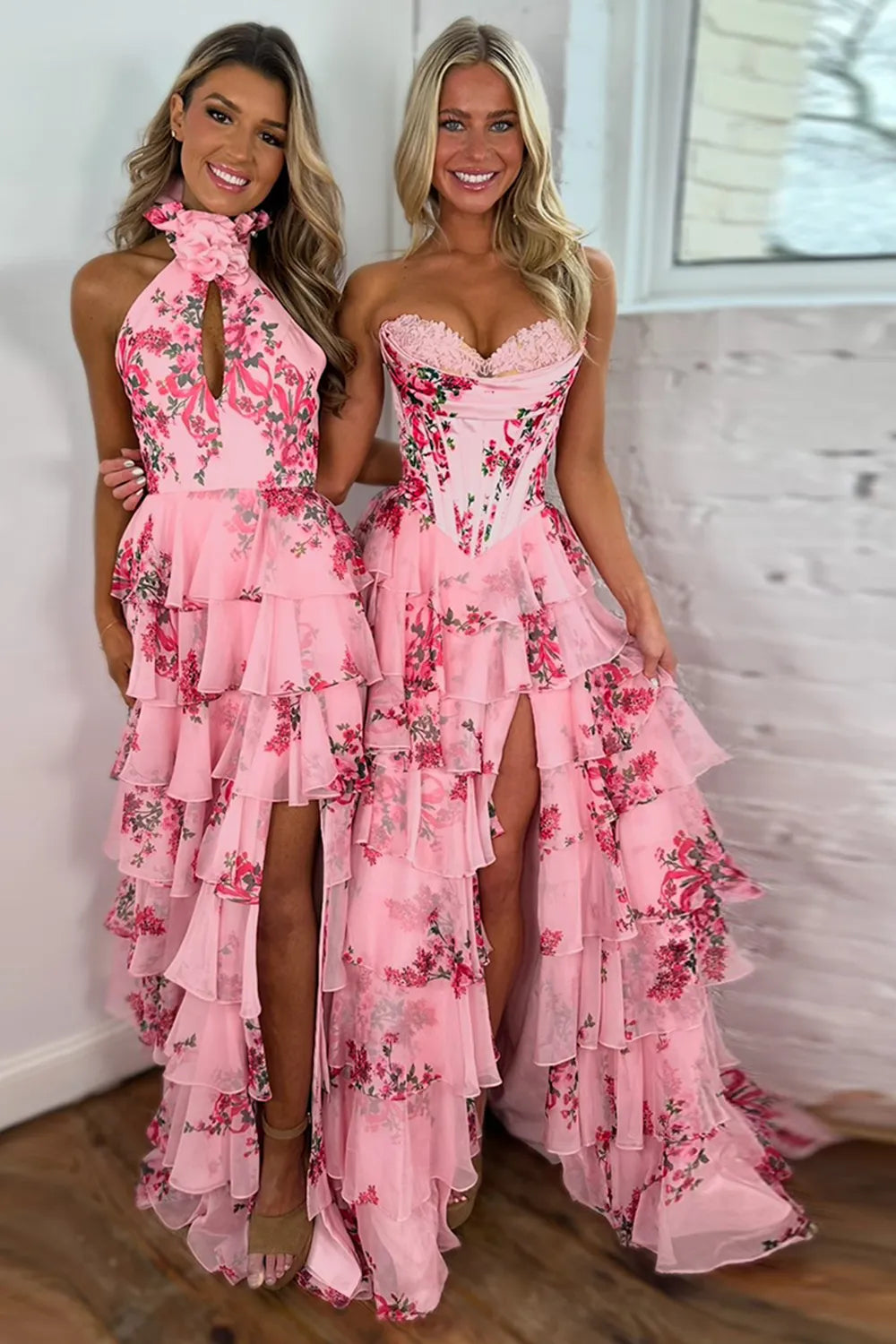 Floral A-Line Halter Sleeveless Chiffon Floor-Length Tiered Keyhole Prom Dress