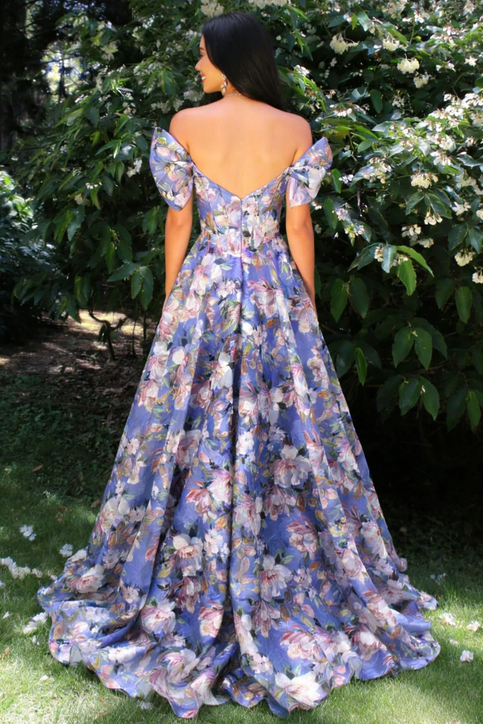 Floral A-Line Off-The-Shoulder Puff-Sleeve Satin Sweep-Train Corset Ball-Gown