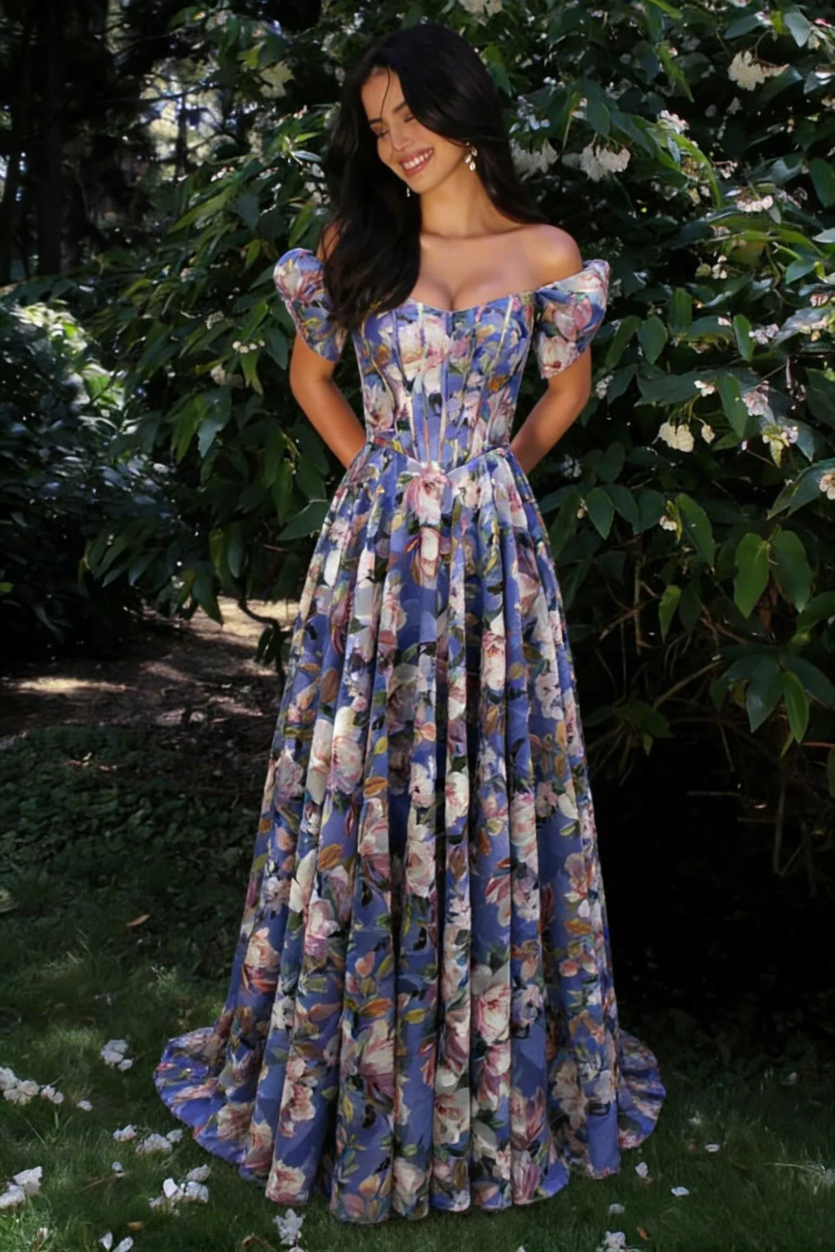 Floral A-Line Off-The-Shoulder Puff-Sleeve Satin Sweep-Train Corset Ball-Gown