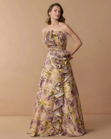 Vedress floral a‑line mother of the bride dress,strapless neckline,3D cascading side ruffles,allover purple green floral print,flowy floor length skirt