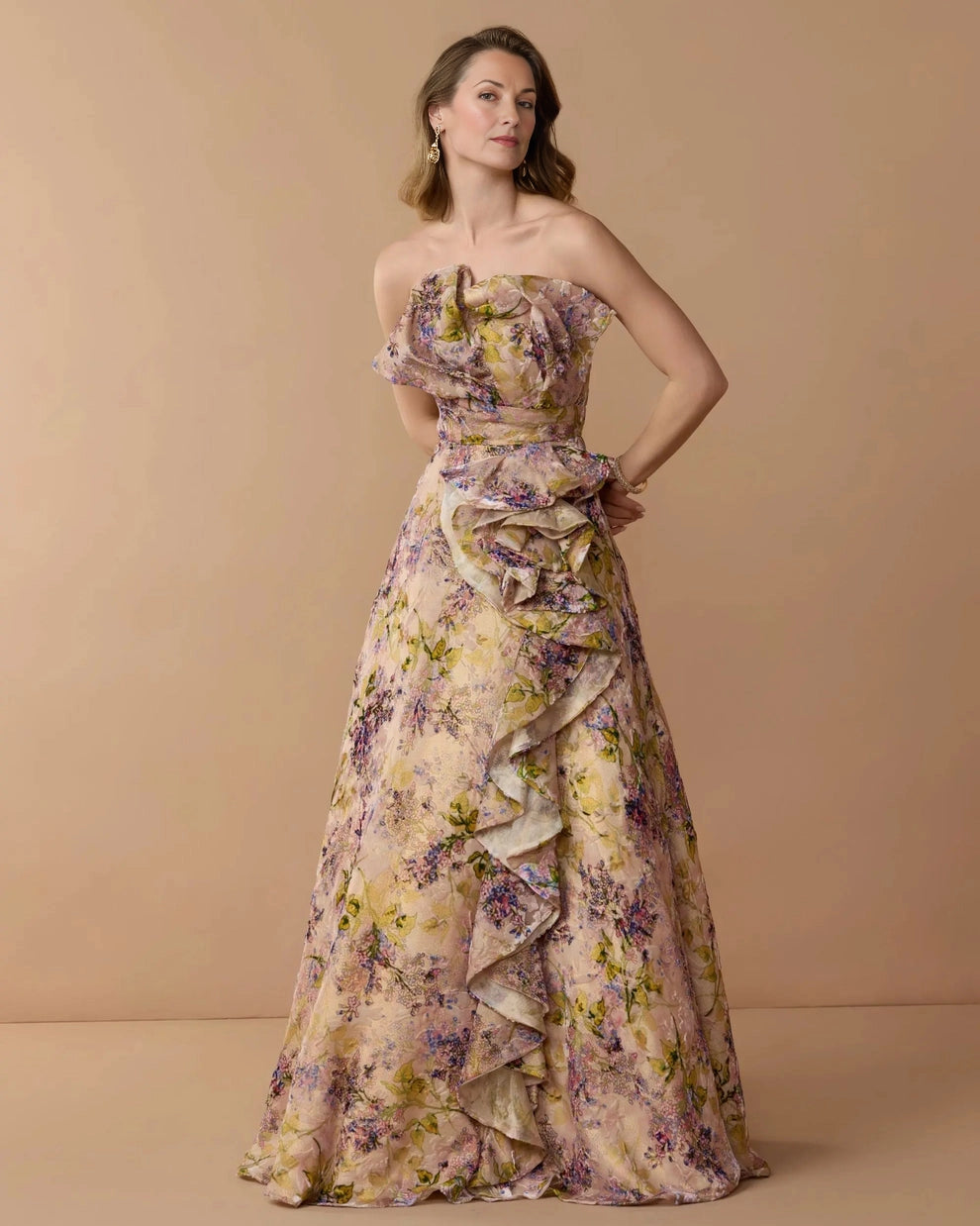 Vedress floral a‑line mother of the bride dress,strapless neckline,3D cascading side ruffles,allover purple green floral print,flowy floor length skirt