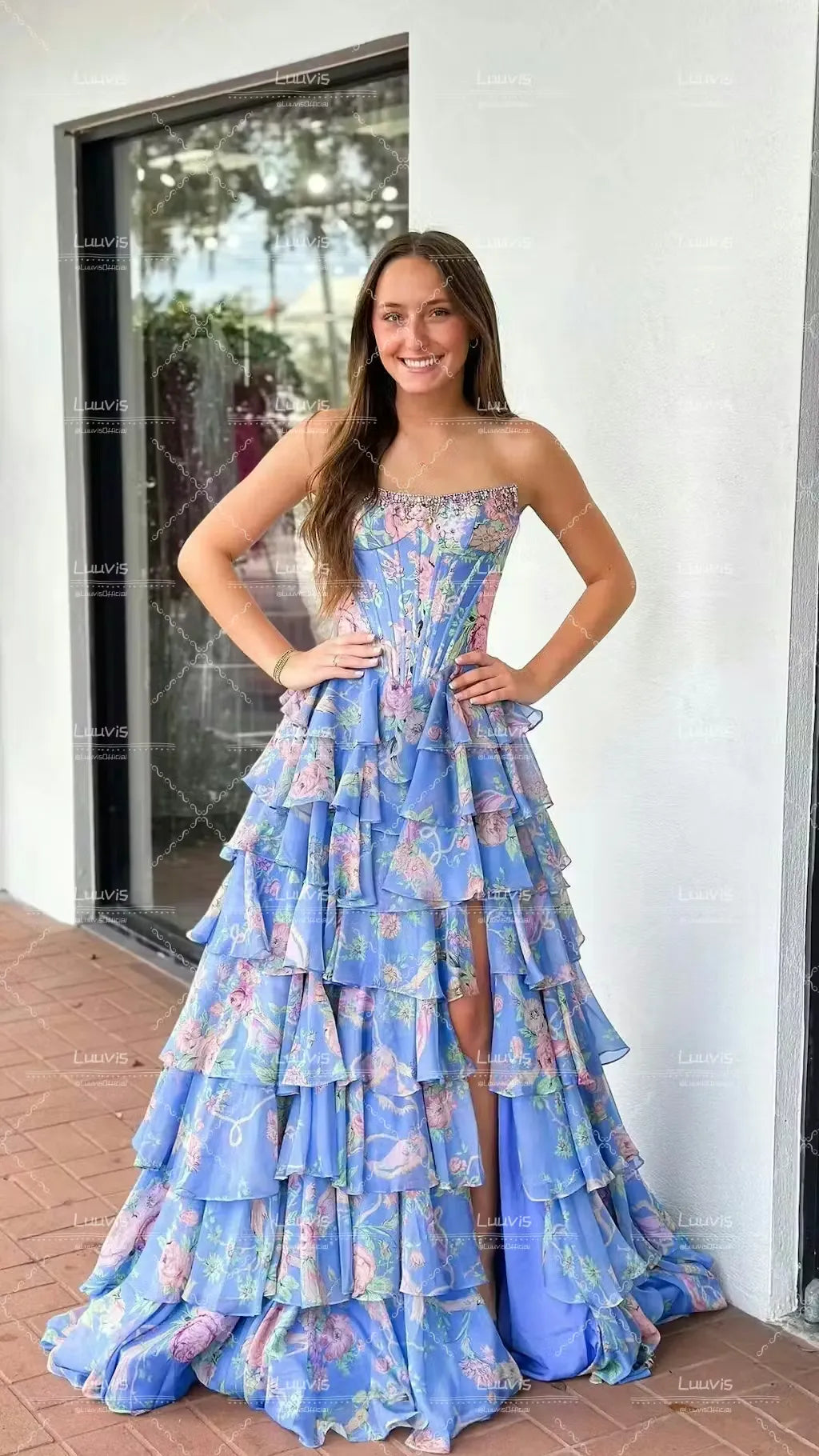 Floral A-Line Strapless Sweetheart Chiffon Floor-Length Tiered Corset Prom Dress