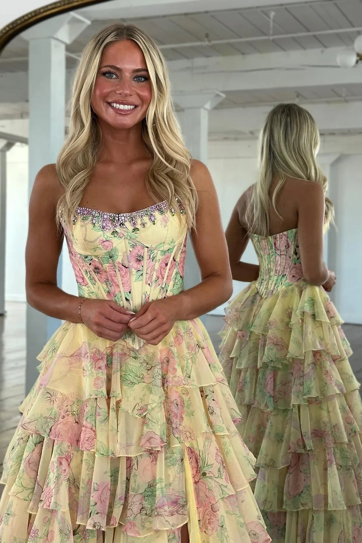 Floral A-Line Strapless Sweetheart Chiffon Floor-Length Tiered Corset Prom Dress