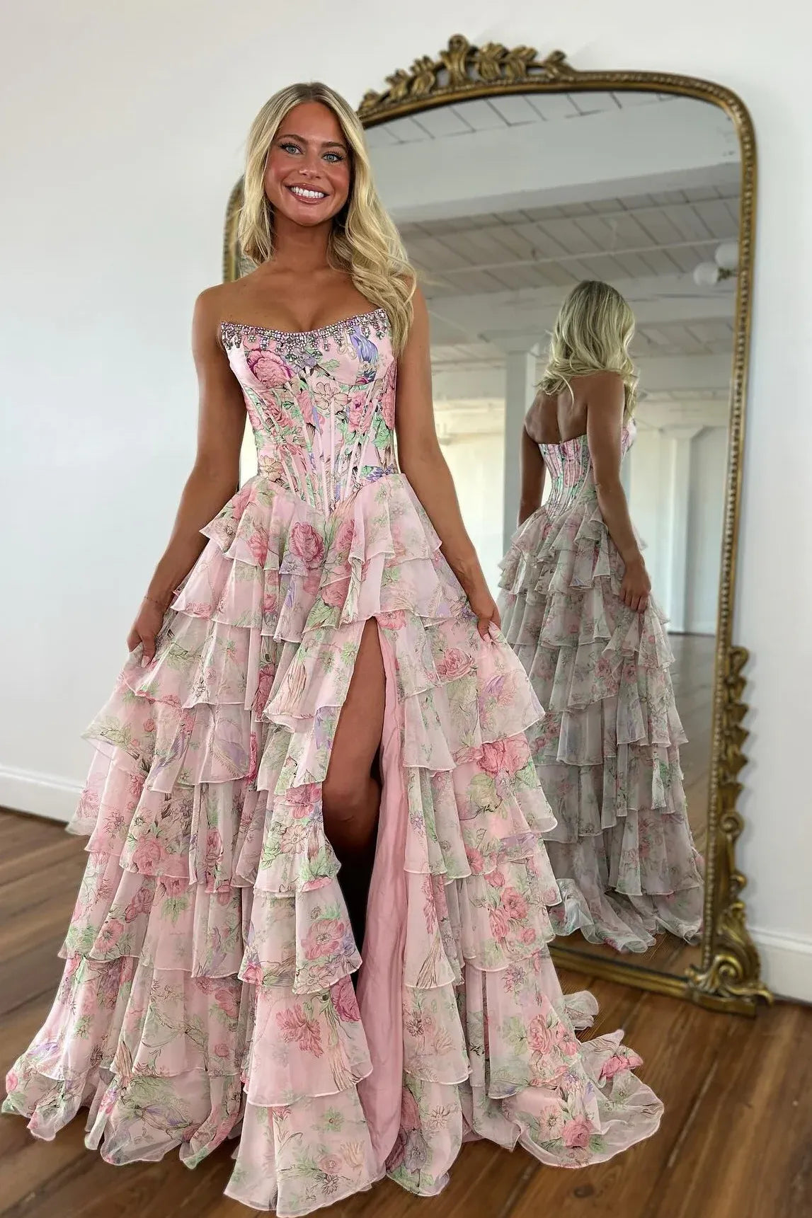 Floral A-Line Strapless Sweetheart Chiffon Floor-Length Tiered Corset Prom Dress