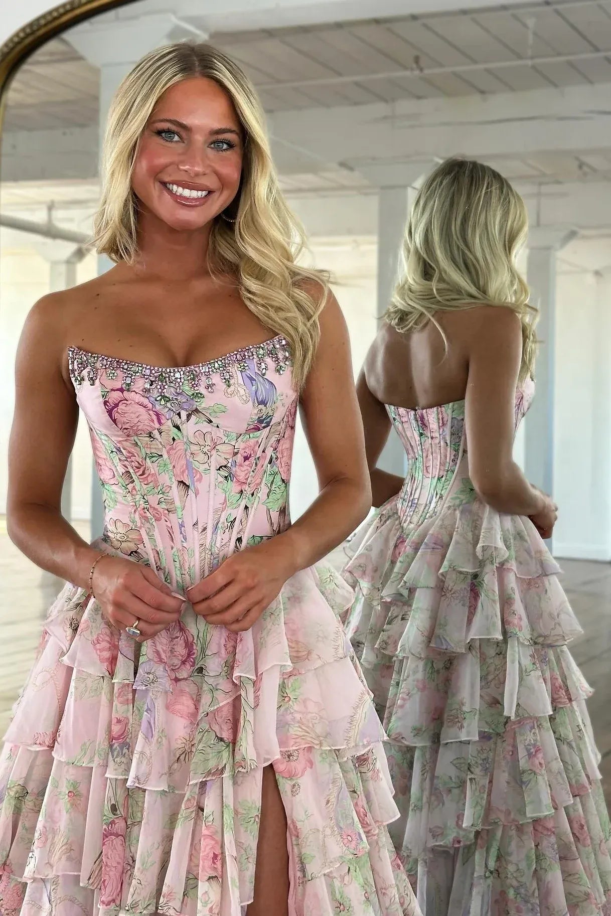 Floral A-Line Strapless Sweetheart Chiffon Floor-Length Tiered Corset Prom Dress