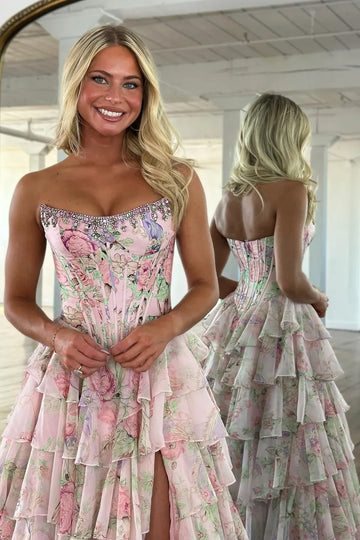 Floral A-Line Strapless Sweetheart Chiffon Floor-Length Tiered Corset Prom Dress